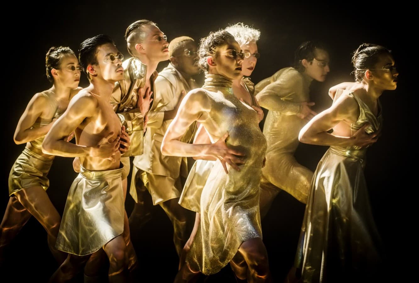 kaunas zoo aura performance photo a lot of proffesional modern dancers in golden outfits